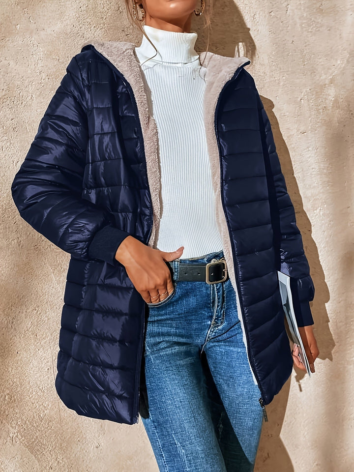 Women's Fleece-Lined Quilted Longline Puffer Coat with Hood