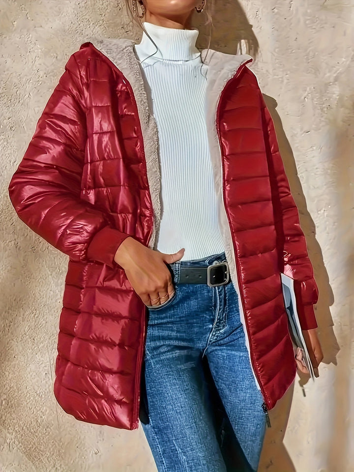 Women's Fleece-Lined Quilted Longline Puffer Coat with Hood
