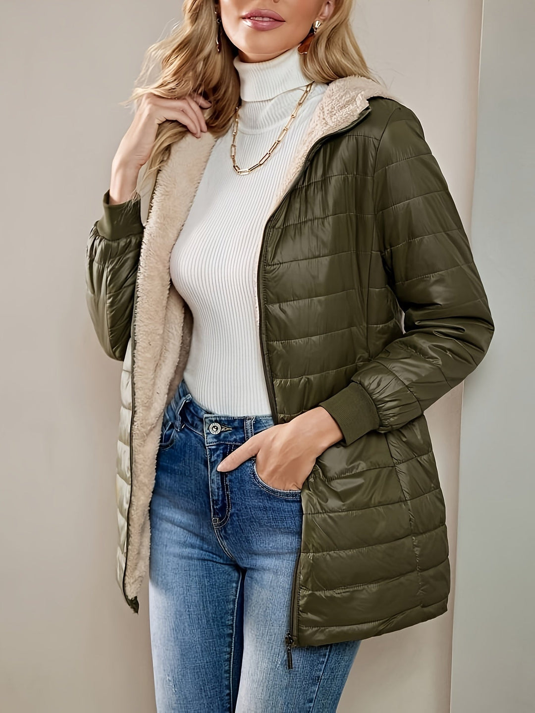 Women's Fleece-Lined Quilted Longline Puffer Coat with Hood