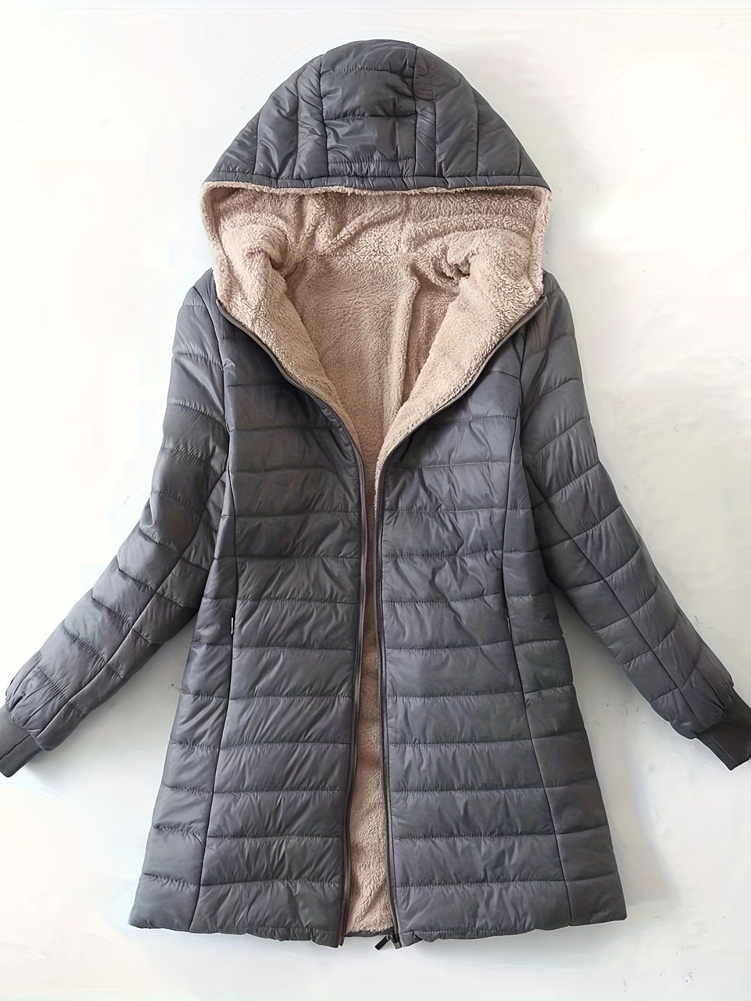 Women's Fleece-Lined Quilted Longline Puffer Coat with Hood