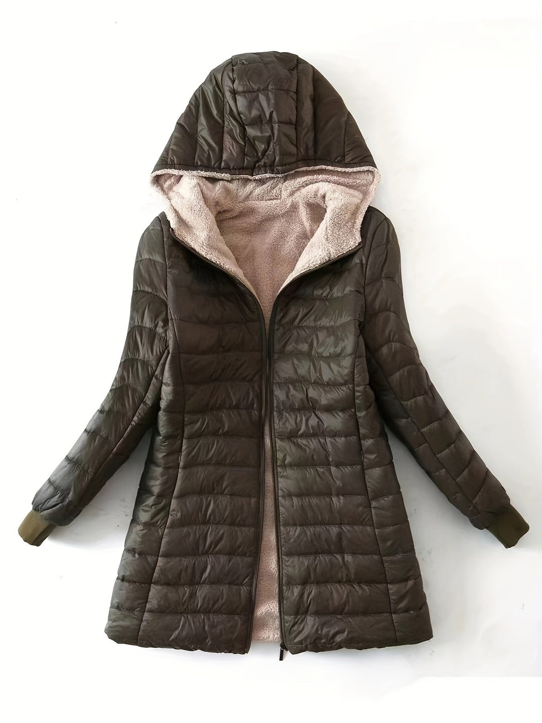Women's Fleece-Lined Quilted Longline Puffer Coat with Hood