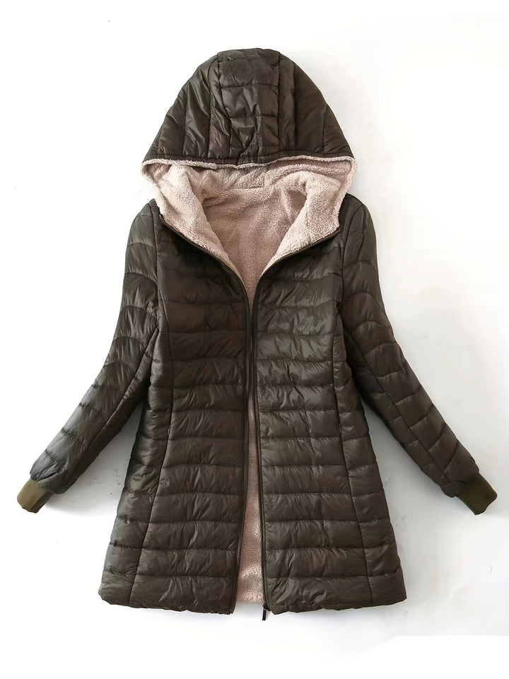 Women's Fleece-Lined Quilted Longline Puffer Coat with Hood