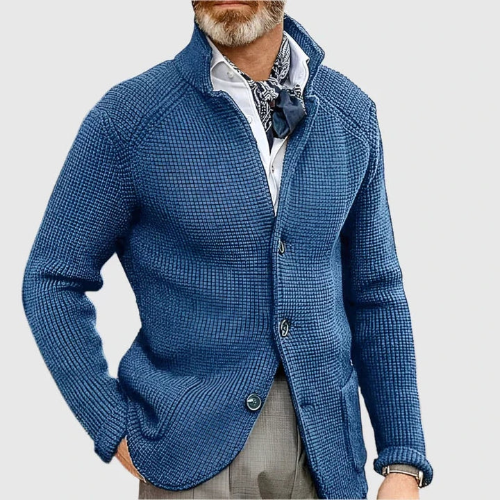 Men's Waffle-Knit Stand Collar Cardigan Sweater with Button Front
