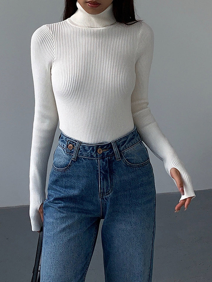 Natalie | Ribbed Knit Turtleneck Sweater with Thumbhole Cuffs for Women