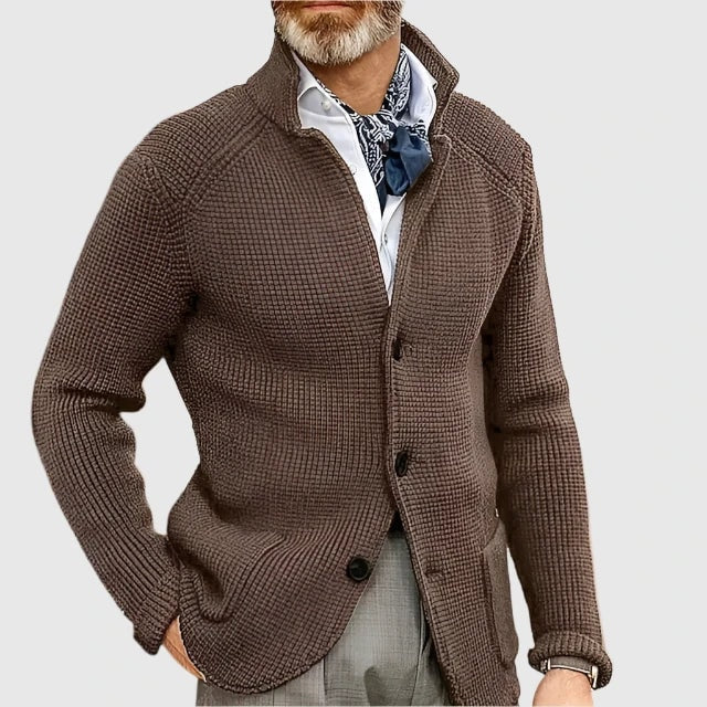 Men's Waffle-Knit Stand Collar Cardigan Sweater with Button Front
