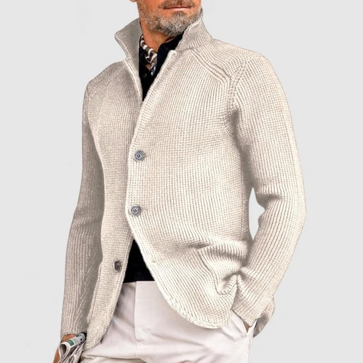 Men's Waffle-Knit Stand Collar Cardigan Sweater with Button Front