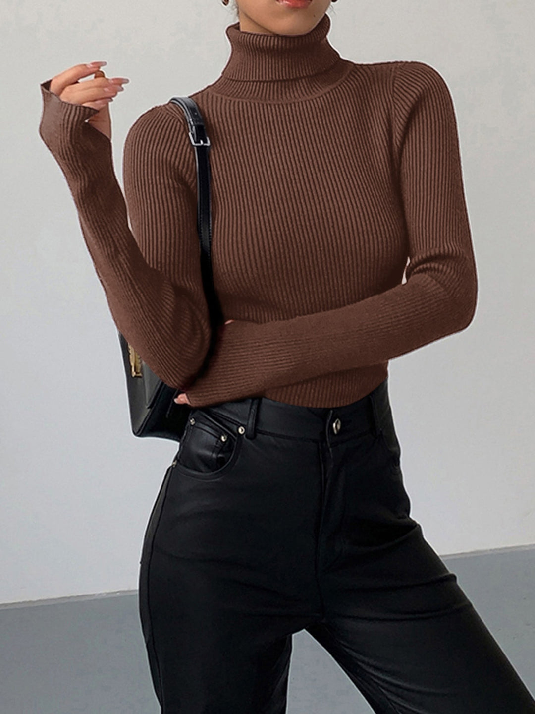 Natalie | Ribbed Knit Turtleneck Sweater with Thumbhole Cuffs for Women