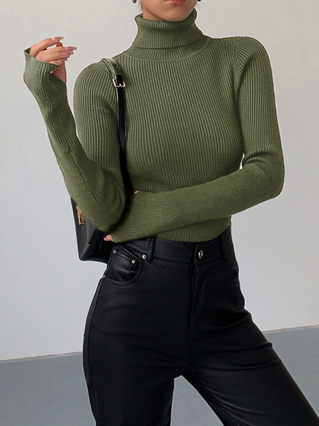 Natalie | Ribbed Knit Turtleneck Sweater with Thumbhole Cuffs for Women