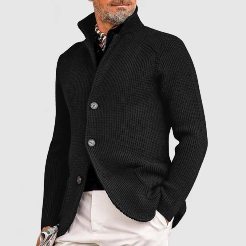 Men's Waffle-Knit Stand Collar Cardigan Sweater with Button Front