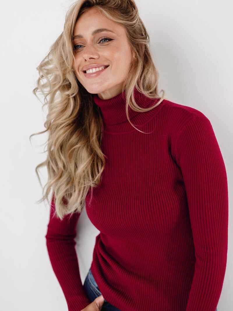 Natalie | Ribbed Knit Turtleneck Sweater with Thumbhole Cuffs for Women