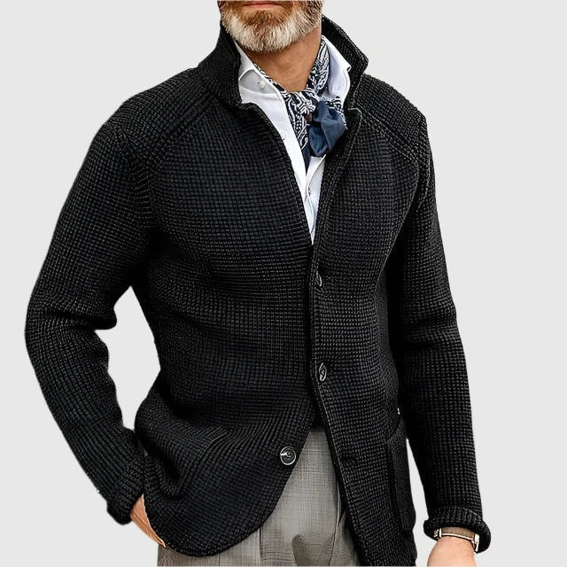 Men's Waffle-Knit Stand Collar Cardigan Sweater with Button Front
