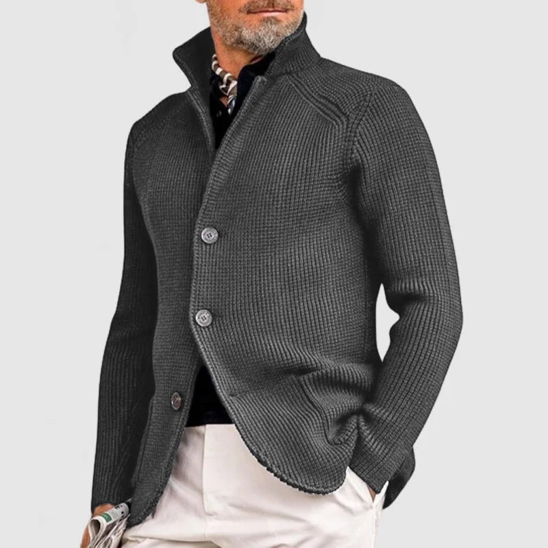 Men's Waffle-Knit Stand Collar Cardigan Sweater with Button Front