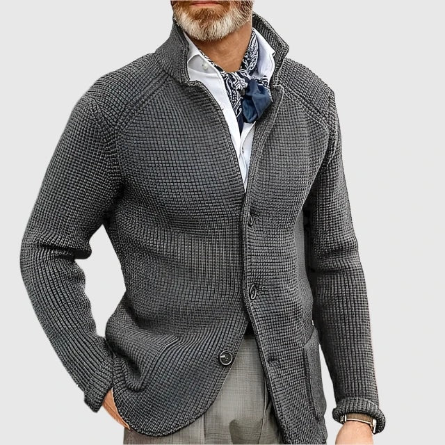 Men's Waffle-Knit Stand Collar Cardigan Sweater with Button Front