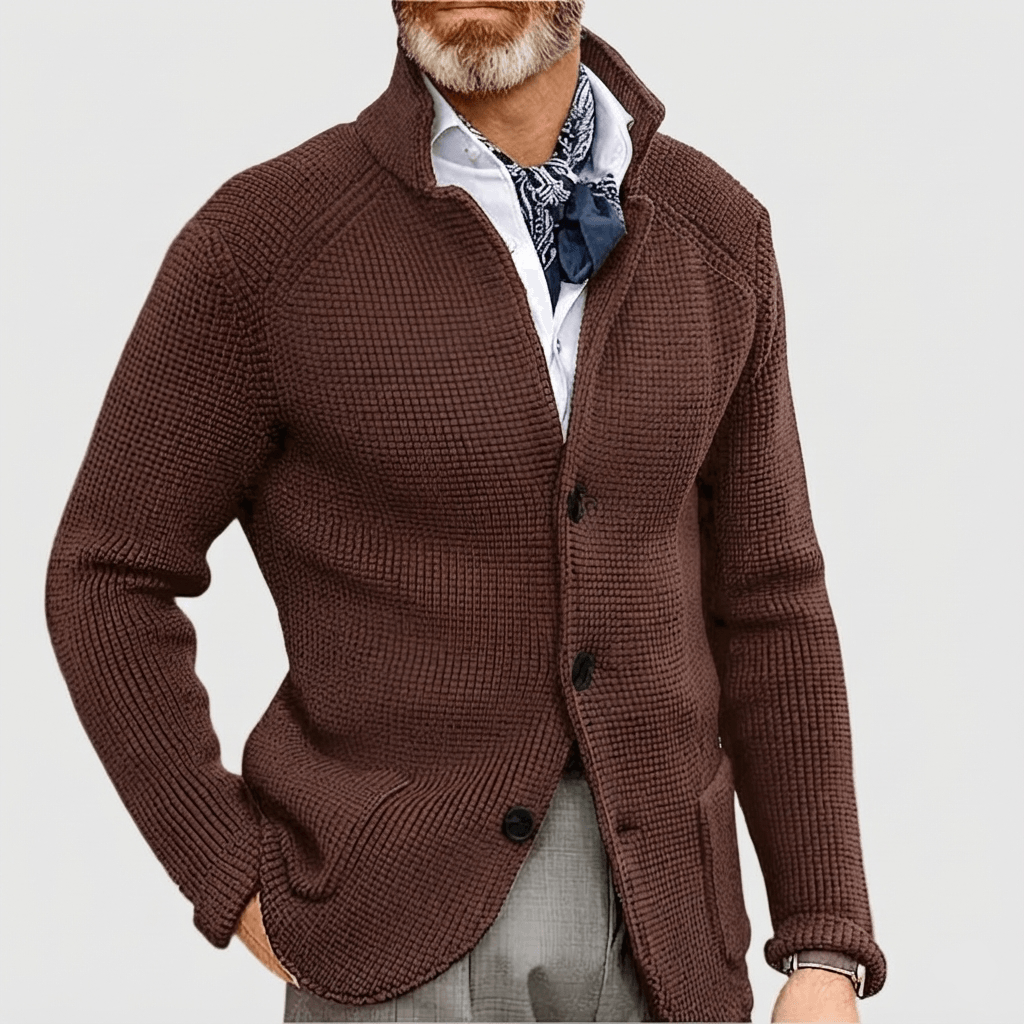 Men's Waffle-Knit Stand Collar Cardigan Sweater with Button Front