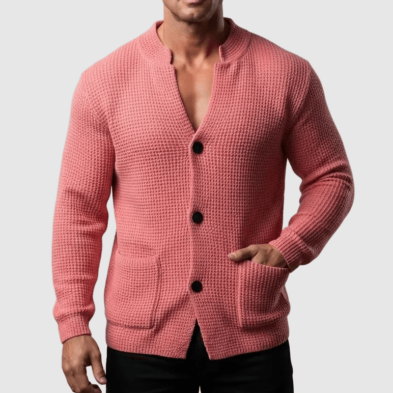 Men's Waffle-Knit Stand Collar Cardigan Sweater with Button Front