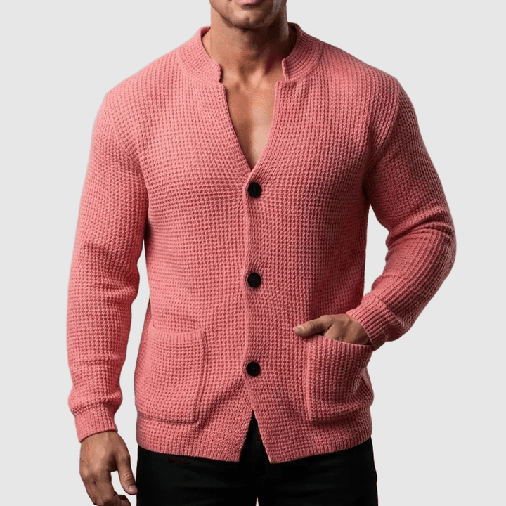 Men's Waffle-Knit Stand Collar Cardigan Sweater with Button Front