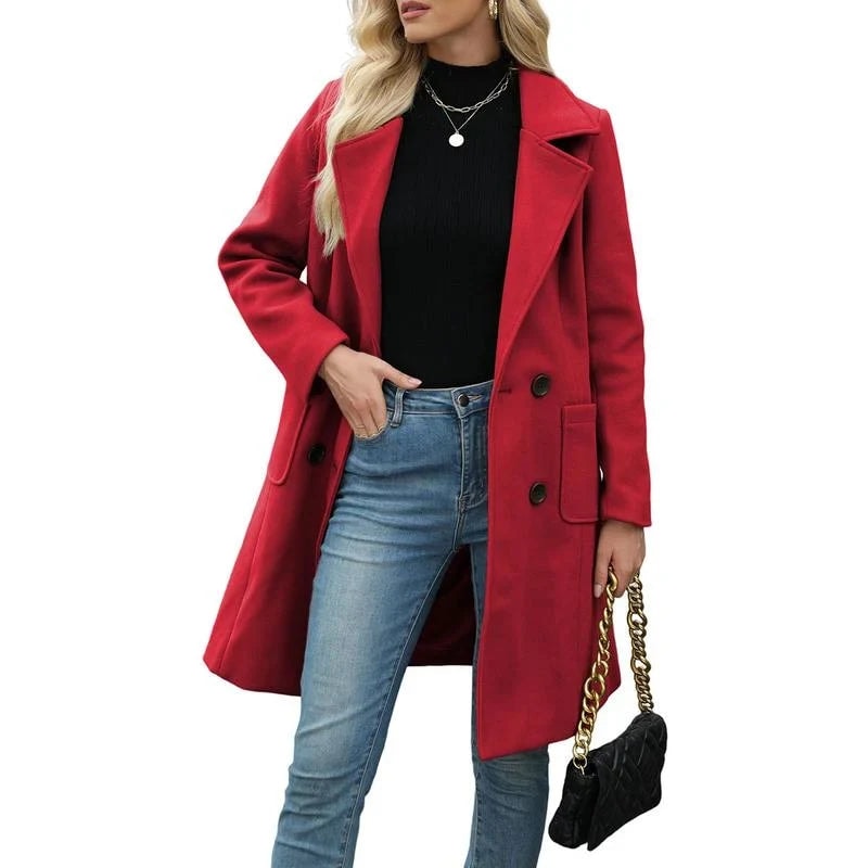Women's Double-Breasted Notch Lapel Longline Wool Blend Winter Coat