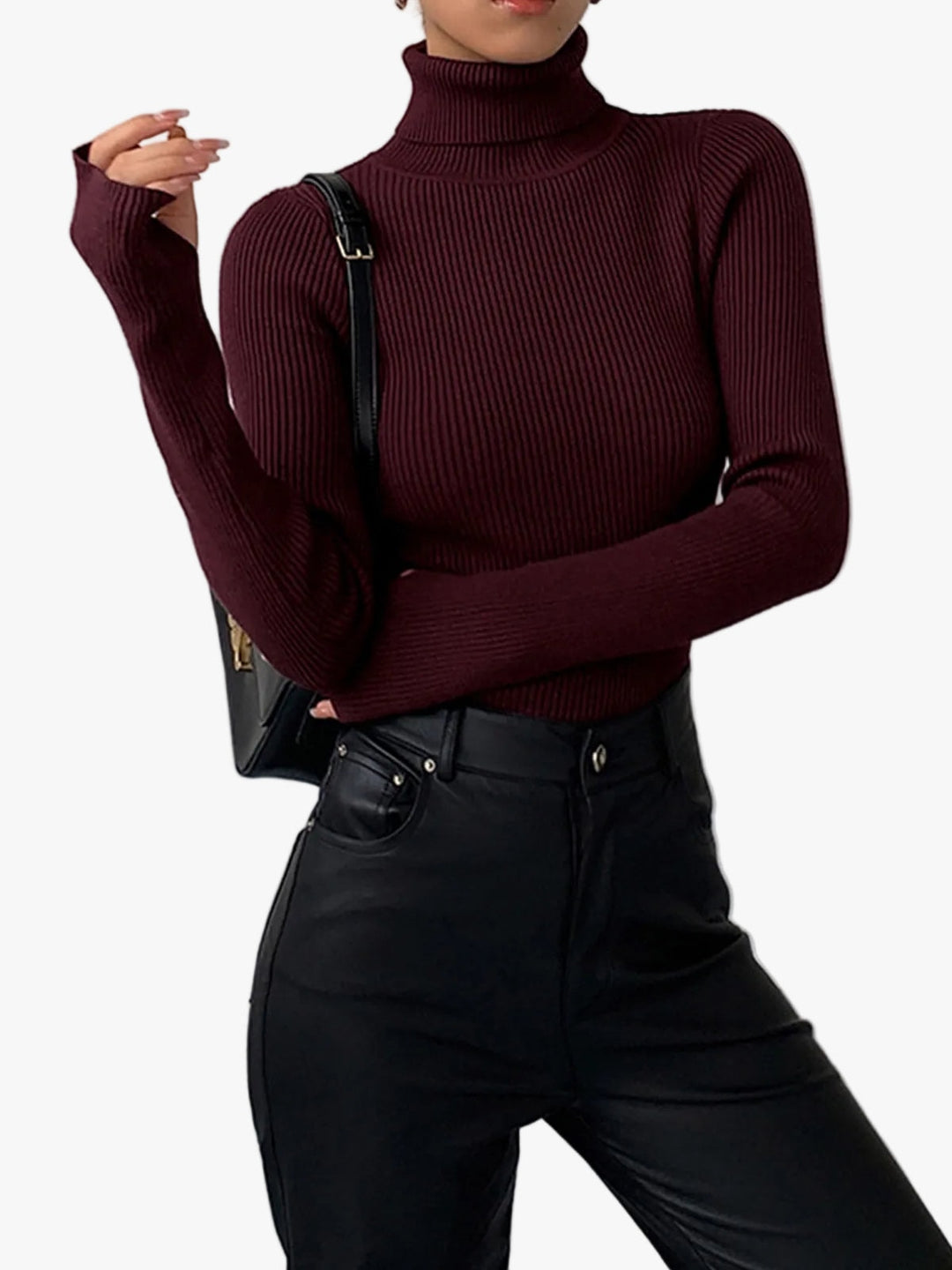 Natalie | Ribbed Knit Turtleneck Sweater with Thumbhole Cuffs for Women
