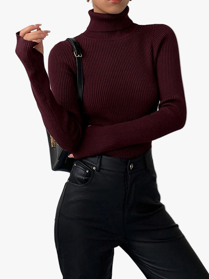 Natalie | Ribbed Knit Turtleneck Sweater with Thumbhole Cuffs for Women