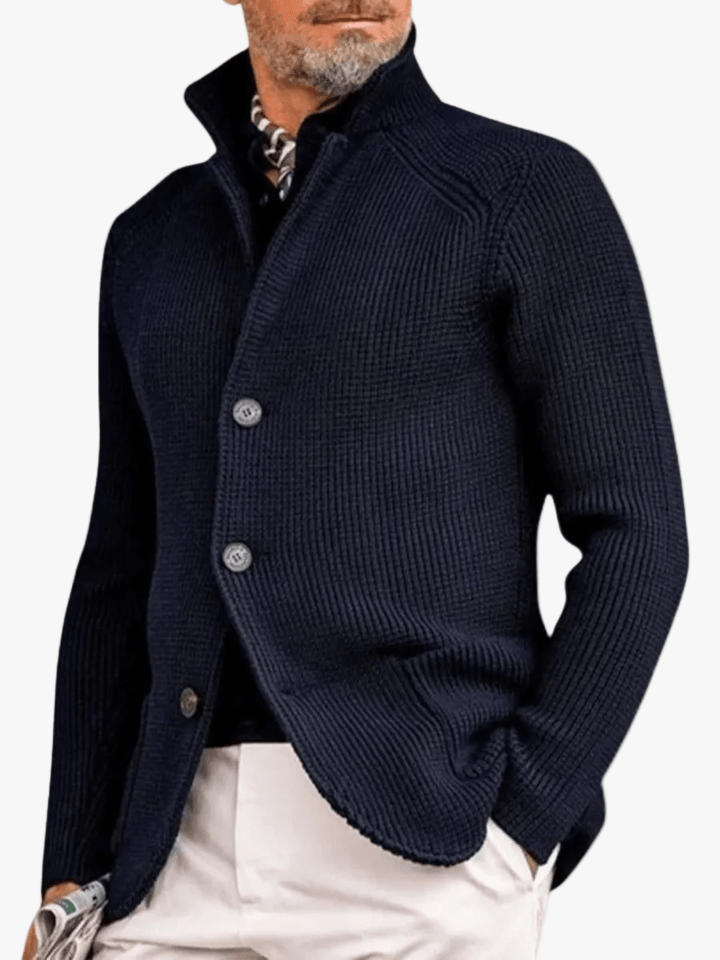 Men's Waffle-Knit Stand Collar Cardigan Sweater with Button Front