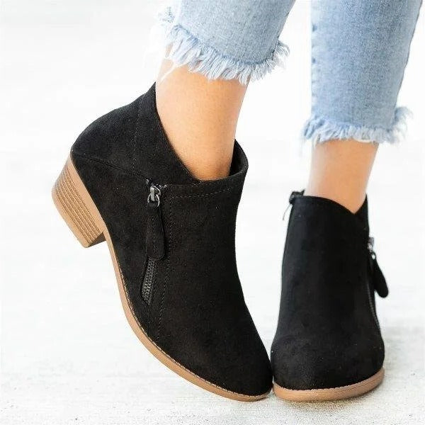 Women's Suede Ankle Boots with Side Zipper and Block Heel