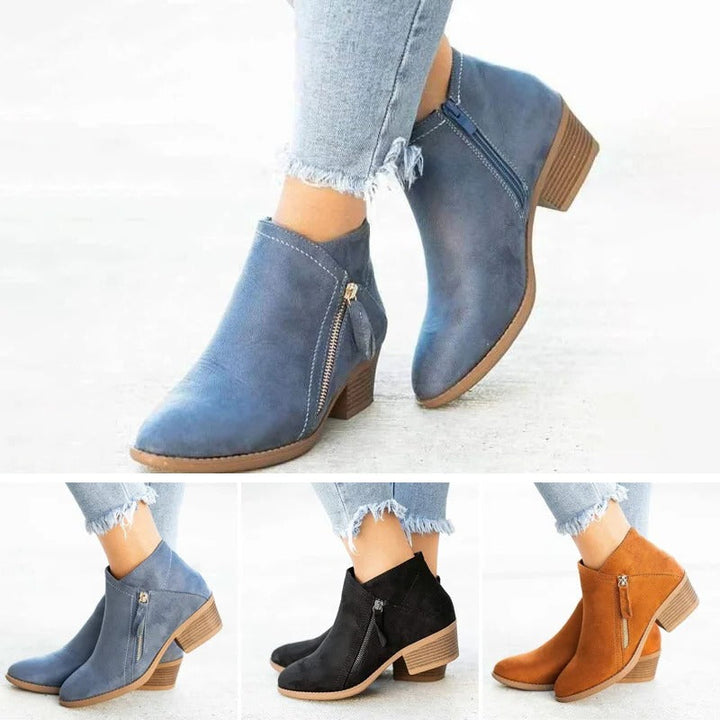Women's Suede Ankle Boots with Side Zipper and Block Heel