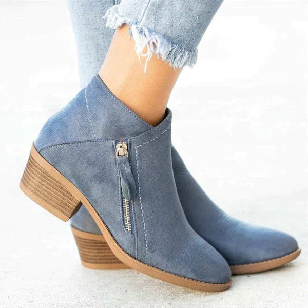Women's Suede Ankle Boots with Side Zipper and Block Heel