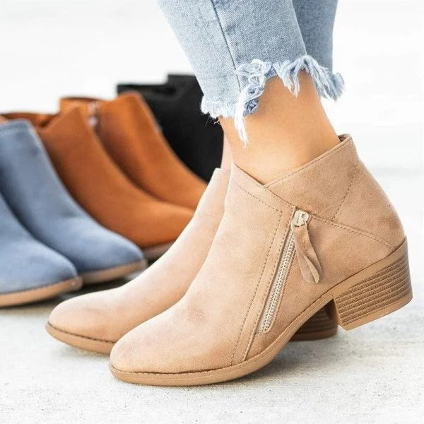 Women's Suede Ankle Boots with Side Zipper and Block Heel