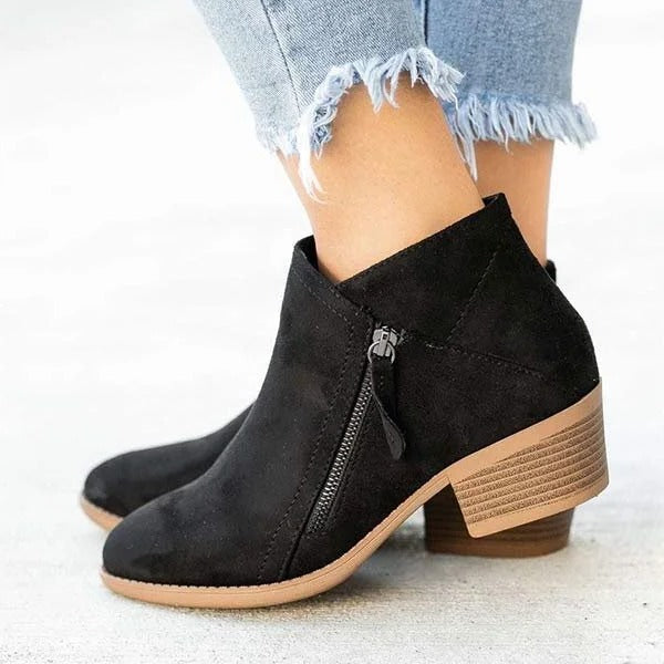 Women's Suede Ankle Boots with Side Zipper and Block Heel