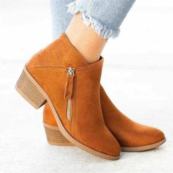 Women's Suede Ankle Boots with Side Zipper and Block Heel