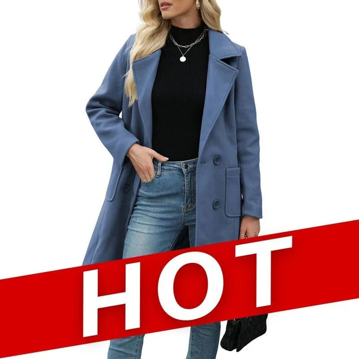 Women's Double-Breasted Notch Lapel Longline Wool Blend Winter Coat