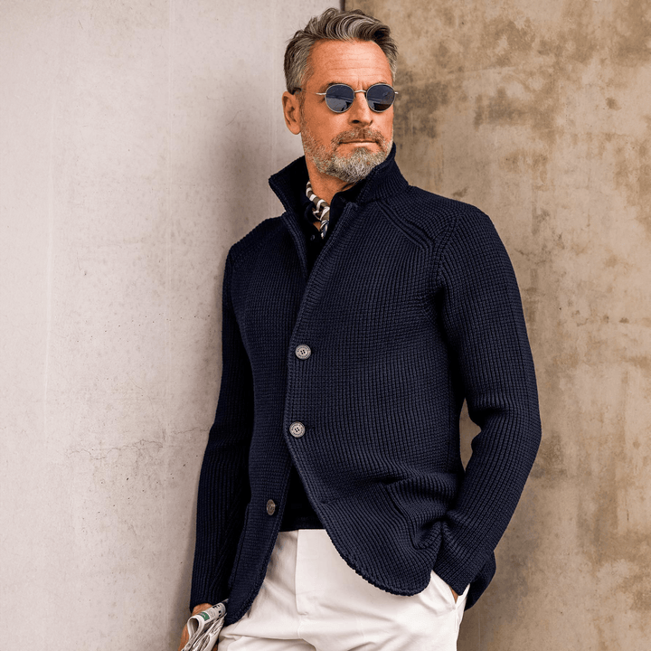 Men's Waffle-Knit Stand Collar Cardigan Sweater with Button Front