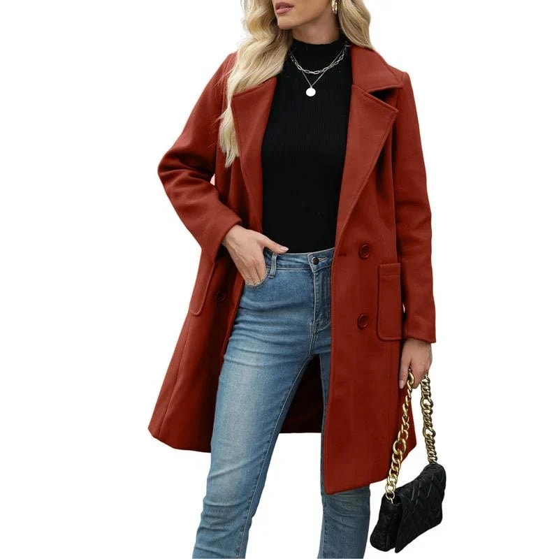 Women's Double-Breasted Notch Lapel Longline Wool Blend Winter Coat