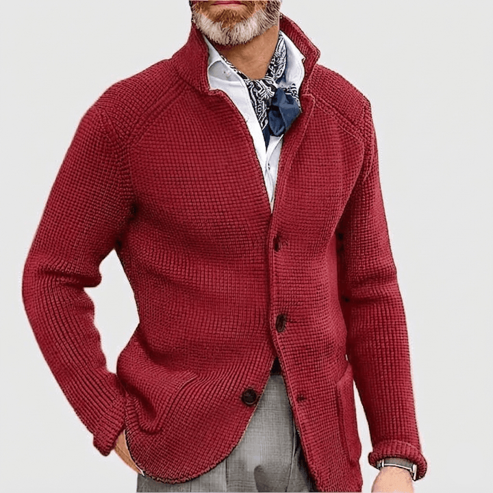 Men's Waffle-Knit Stand Collar Cardigan Sweater with Button Front