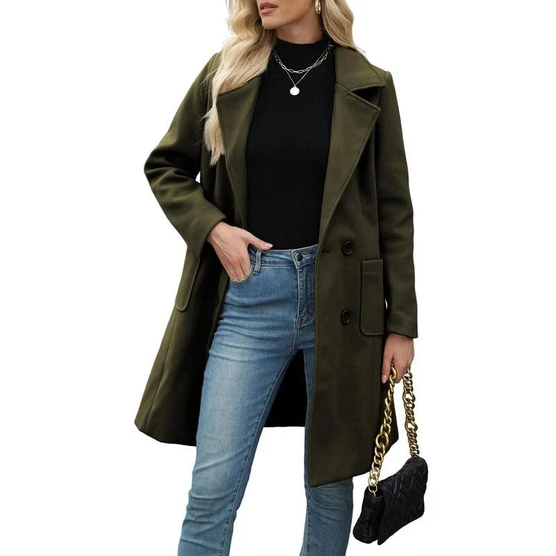 Women's Double-Breasted Notch Lapel Longline Wool Blend Winter Coat