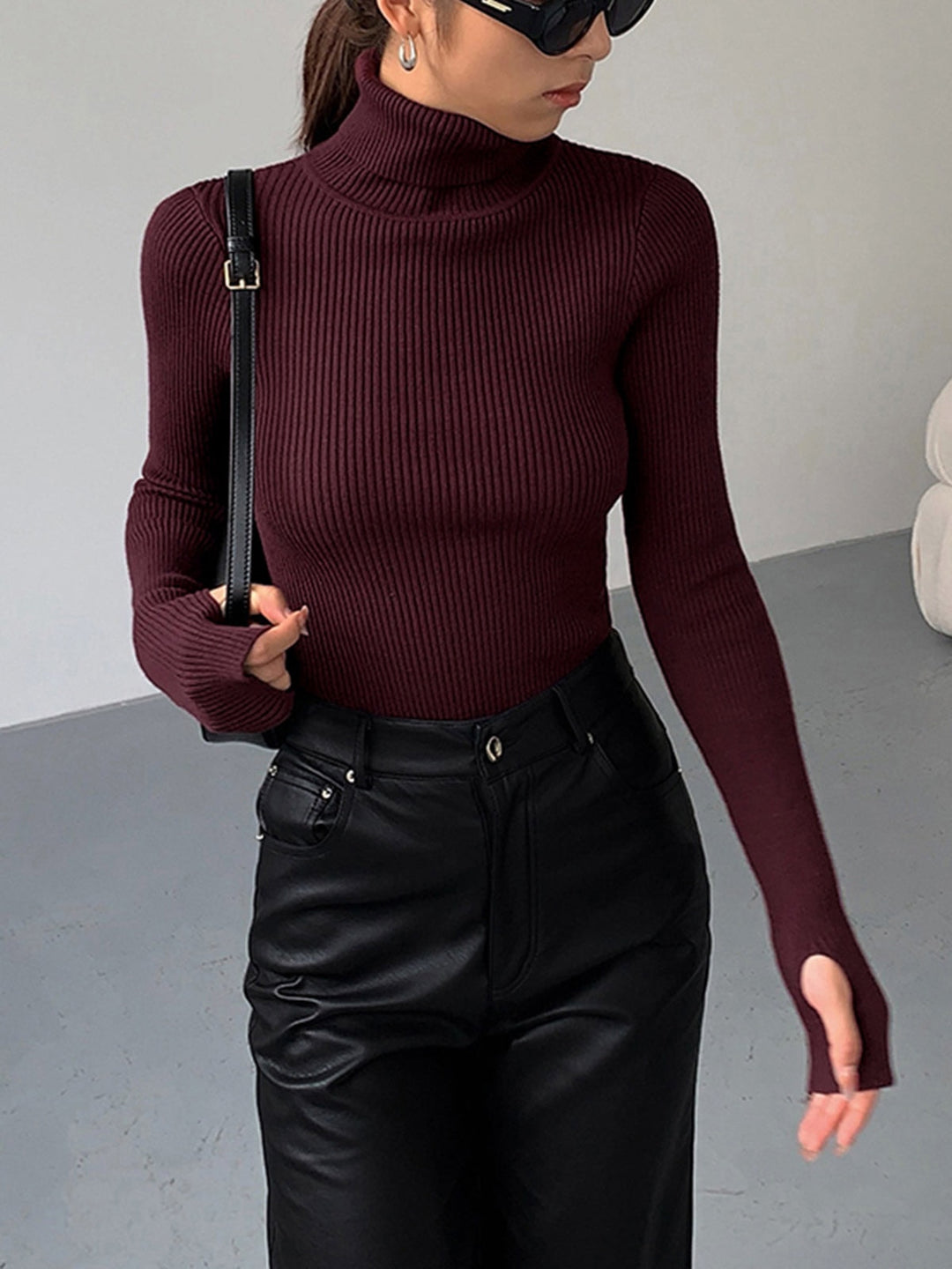Natalie | Ribbed Knit Turtleneck Sweater with Thumbhole Cuffs for Women