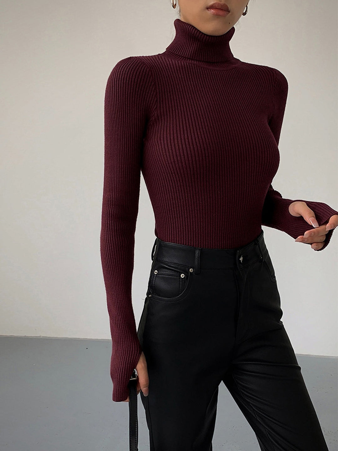 Natalie | Ribbed Knit Turtleneck Sweater with Thumbhole Cuffs for Women