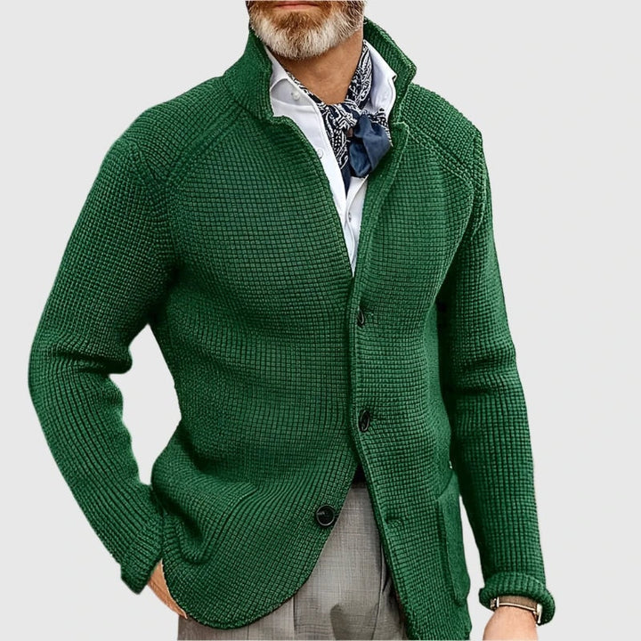 Men's Waffle-Knit Stand Collar Cardigan Sweater with Button Front