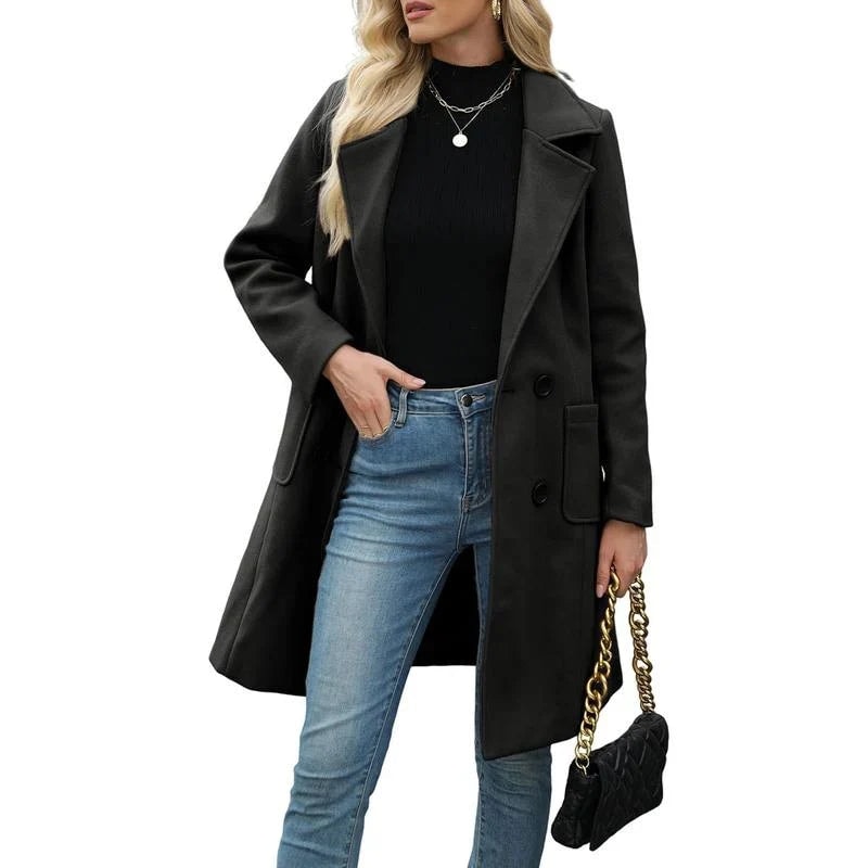 Women's Double-Breasted Notch Lapel Longline Wool Blend Winter Coat