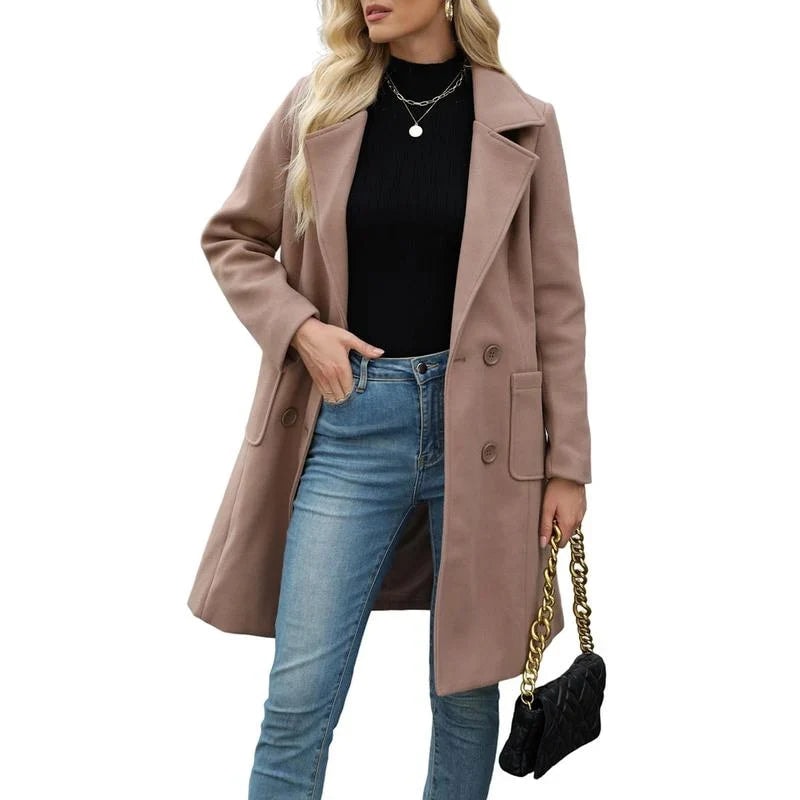 Women's Double-Breasted Notch Lapel Longline Wool Blend Winter Coat