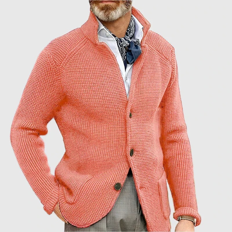 Men's Waffle-Knit Stand Collar Cardigan Sweater with Button Front