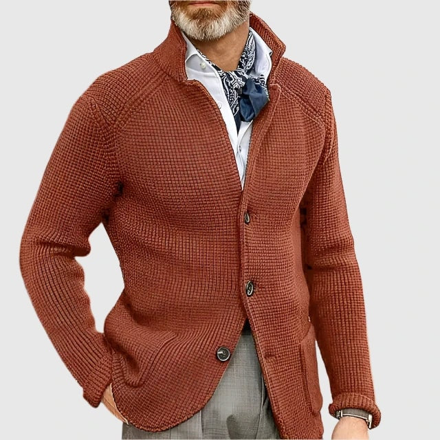 Men's Waffle-Knit Stand Collar Cardigan Sweater with Button Front