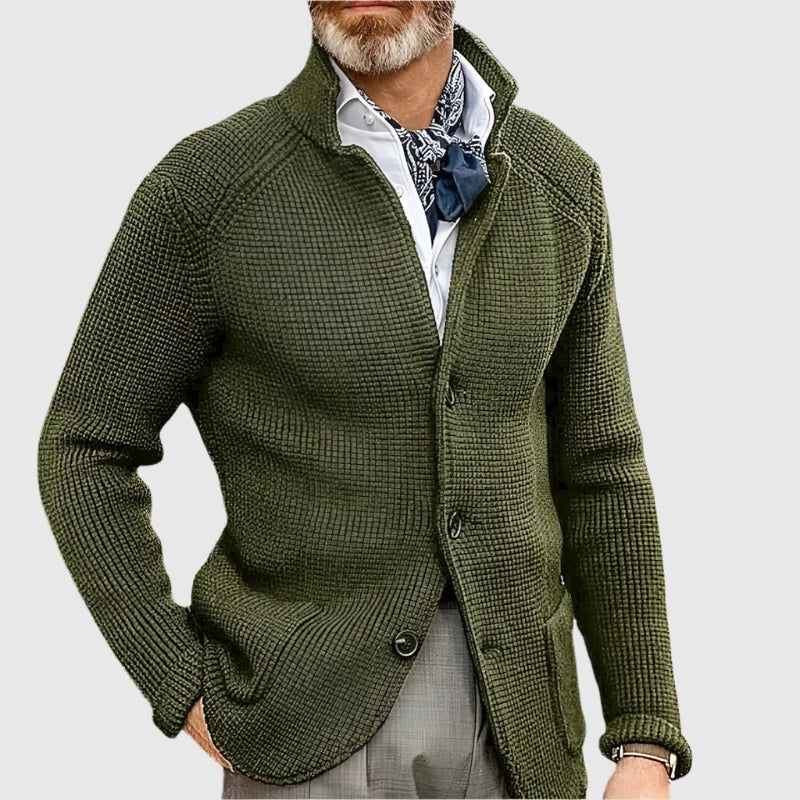 Men's Waffle-Knit Stand Collar Cardigan Sweater with Button Front