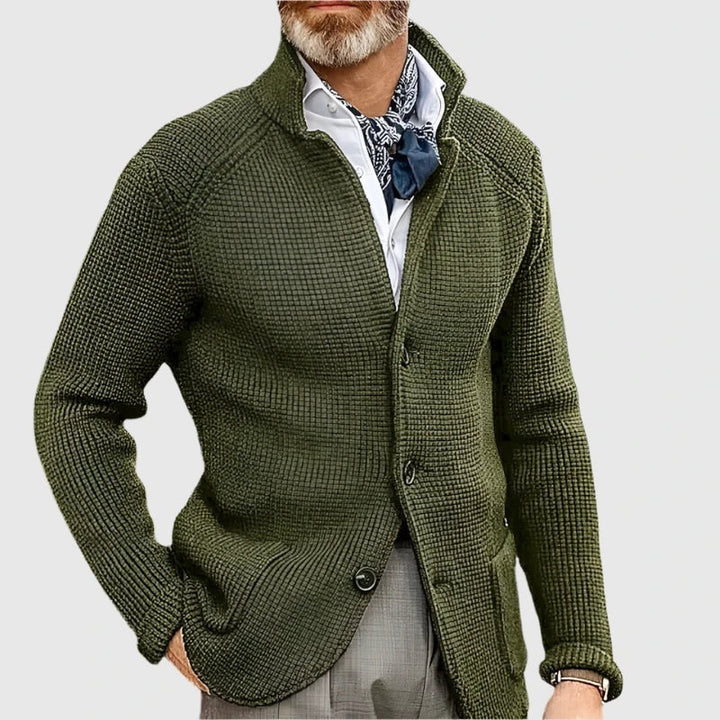 Men's Waffle-Knit Stand Collar Cardigan Sweater with Button Front