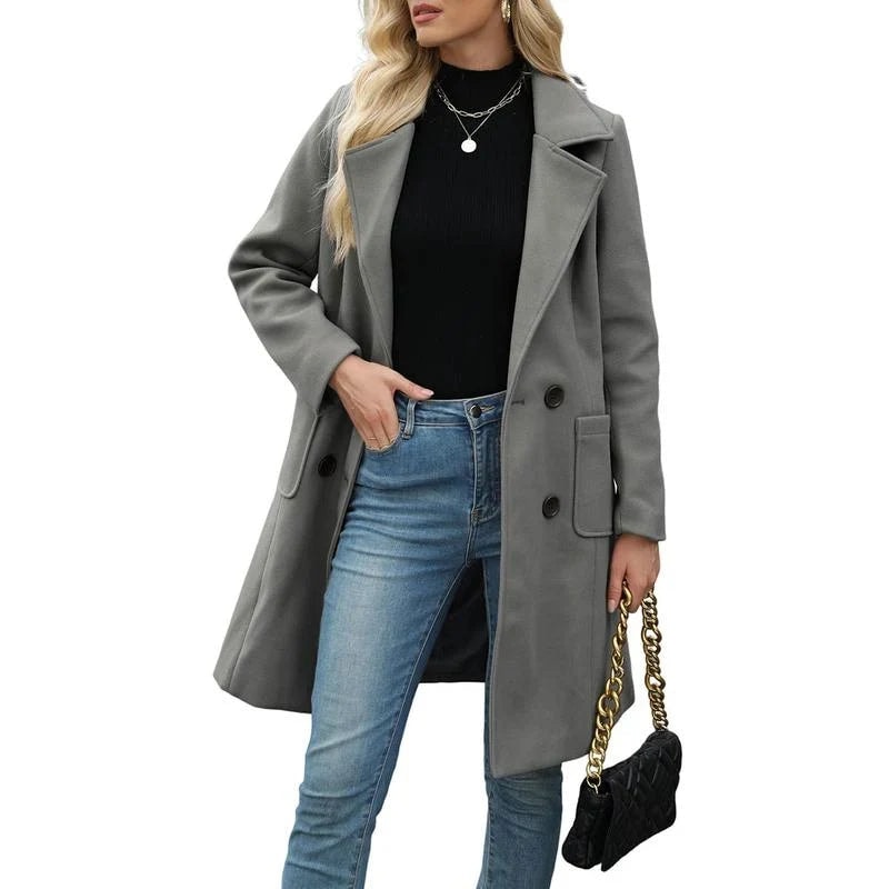 Women's Double-Breasted Notch Lapel Longline Wool Blend Winter Coat