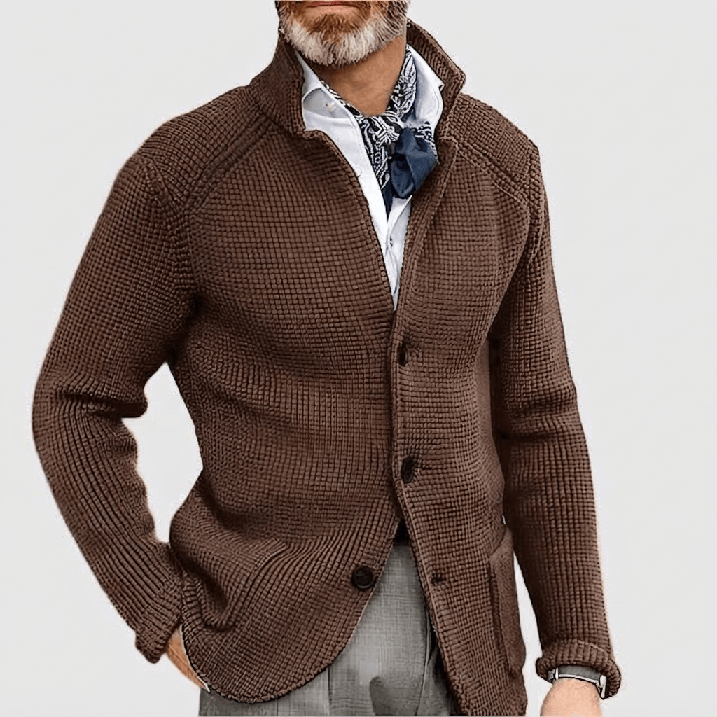 Men's Waffle-Knit Stand Collar Cardigan Sweater with Button Front