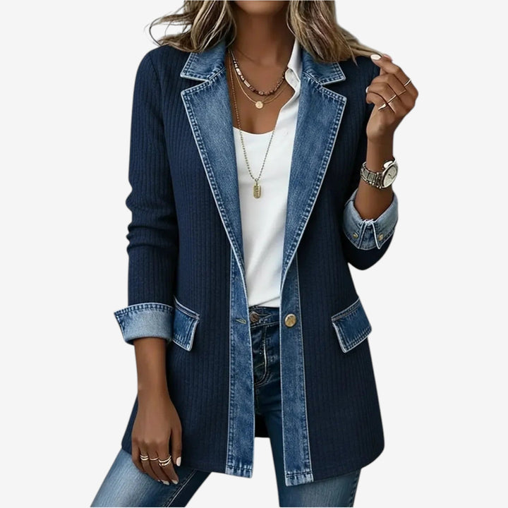 Women's Mixed Texture Knit and Denim Trim Open Front Jacket