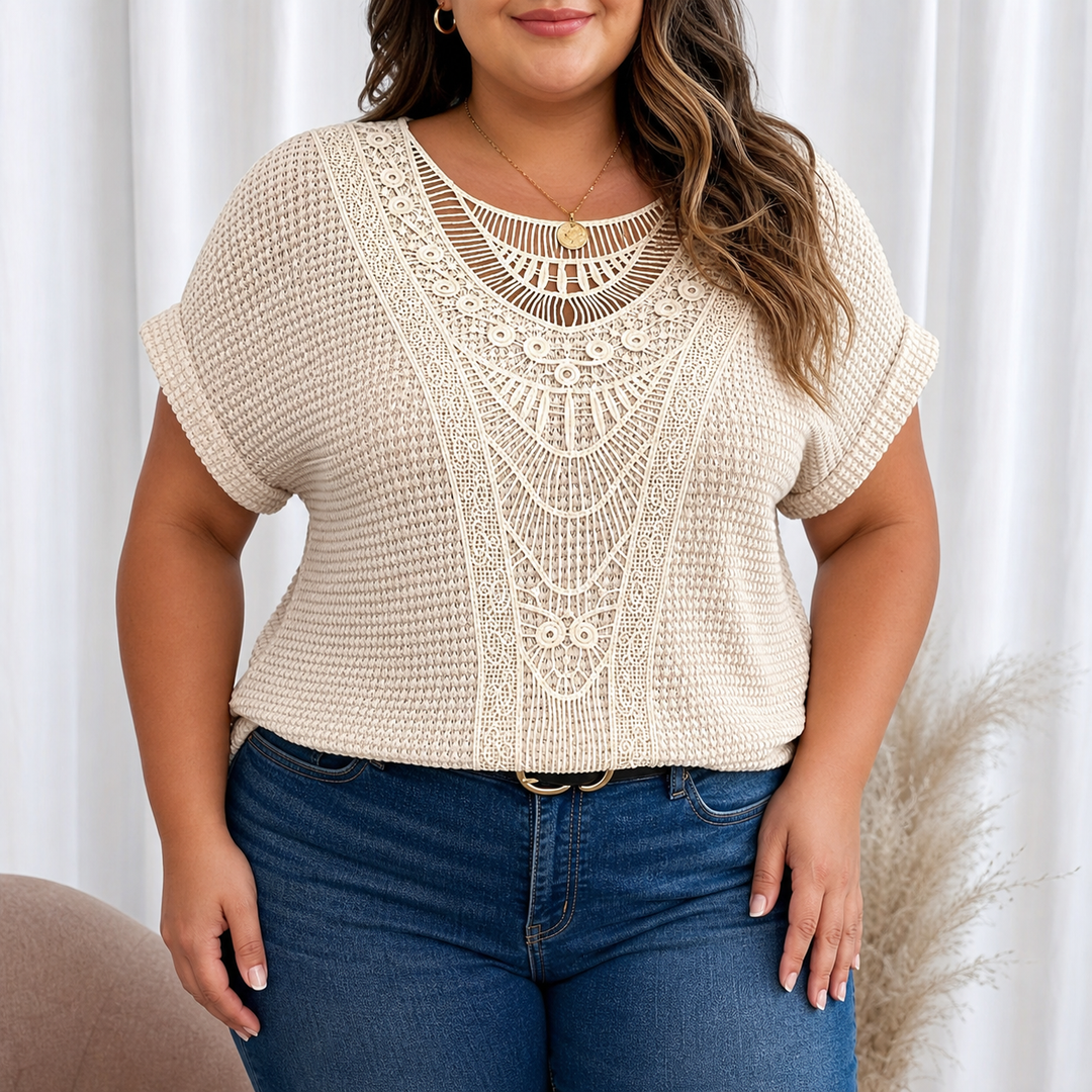 Celeste | Plus Size Waffle Knit Crochet Lace Top for Women