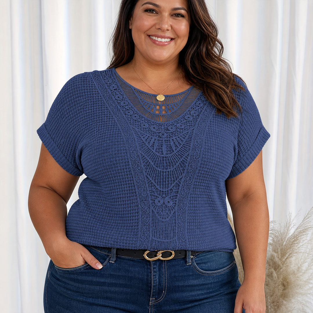 Celeste | Plus Size Waffle Knit Crochet Lace Top for Women