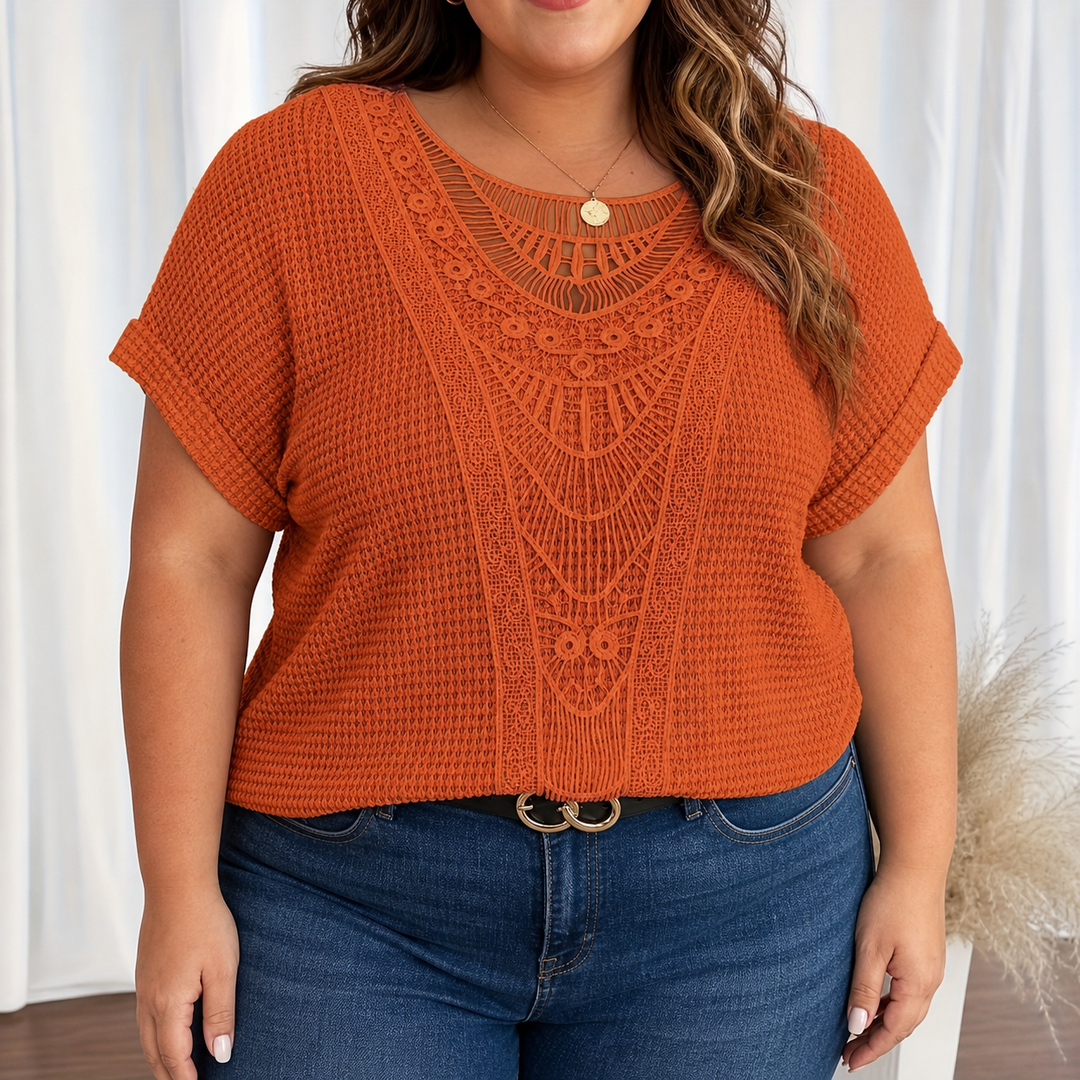 Celeste | Plus Size Waffle Knit Crochet Lace Top for Women